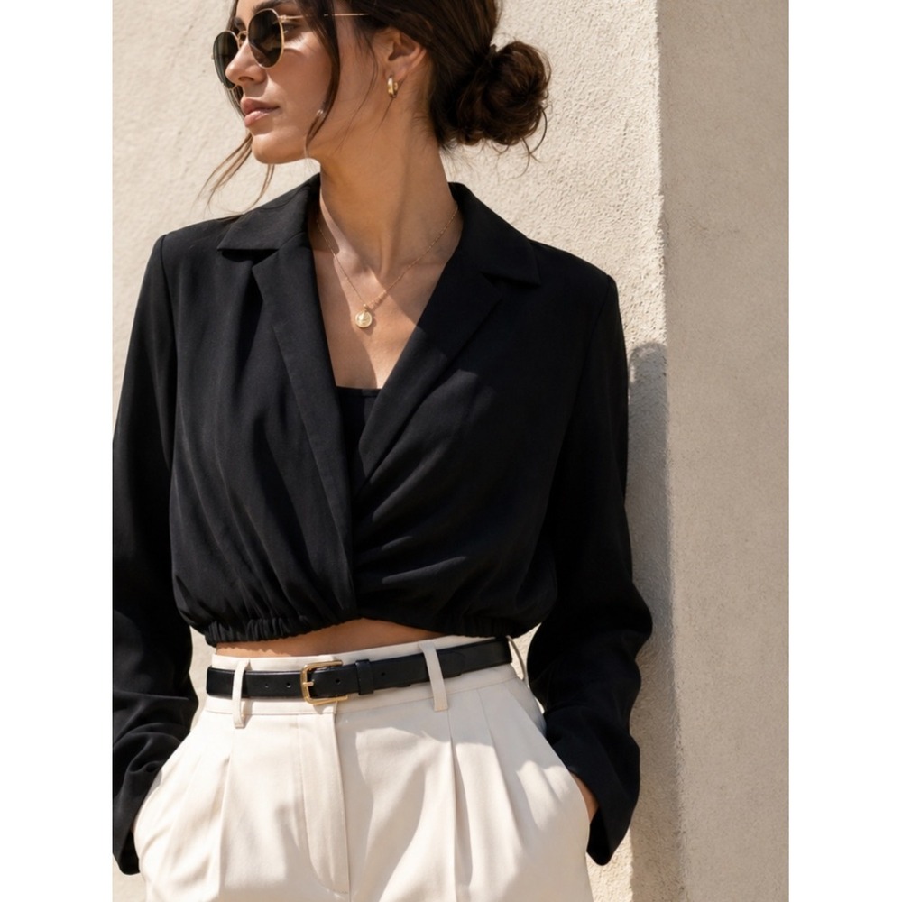 Zara Draped Cropped Wrap Top NWT | Black Minimalist Long Sleeve Going Out Top |